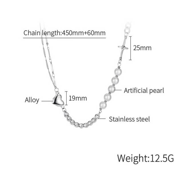 OOVOV Pearl Necklaces for Women Stainless Steel Punk Pearl Necklace Cubic Zirconia Heart Pendant Necklace Jewelry for Women
