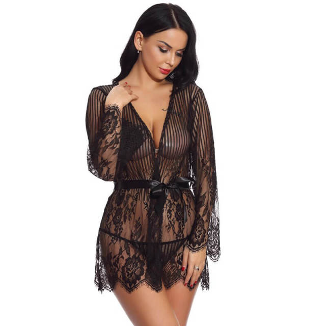 OOVOV Women Sexy Lingerie Robe Lace Bathrobes Sexy Nightgowns Babydoll Stripe V-Neck Nighty Sleepwear Satin Tie up