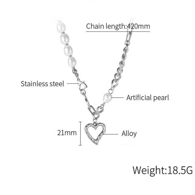 OOVOV Pearl Necklaces for Women Stainless Steel Punk Pearl Necklace Cubic Zirconia Heart Pendant Necklace Jewelry for Women