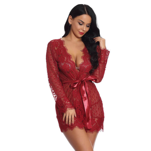 OOVOV Sexy Lingerie Robe For Women Long Sleeve Sheer Lace Bathrobes Sleepwear Babydoll Nightgowns