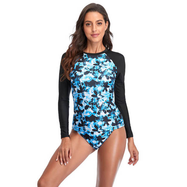 OOVOV Womens Rash Guard Sun Protection Swimsuit Long Sleeve Printing Tankini top with Tie Up Side Bottom Surfing Two Piece Bathing Suit