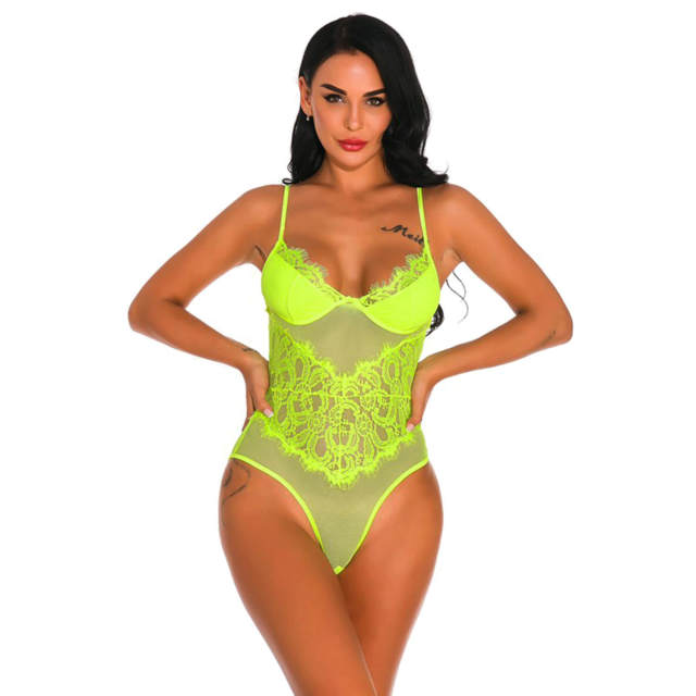 OOVOV Women Sexy Eyelash Lace Lingerie Bodysuit One Piece Sheer Mesh Teddy Babydoll