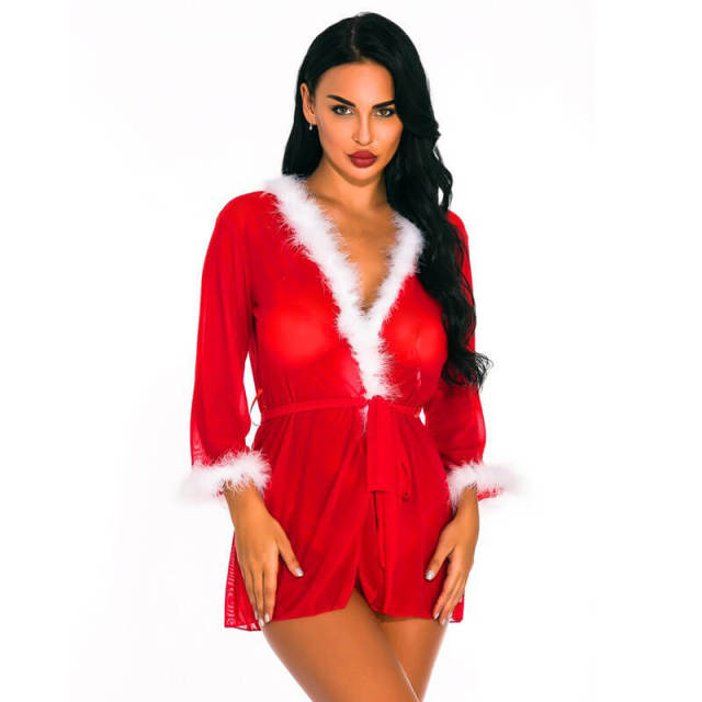 Women Christmas Lingerie Set Red Sexy Babydoll Long-sleeve Robe