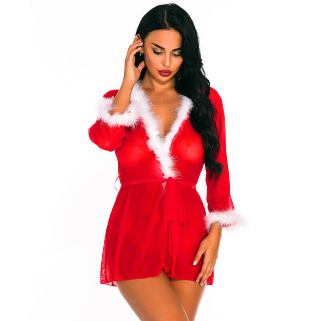 Women Christmas Lingerie Set Red Sexy Babydoll Long-sleeve Robe