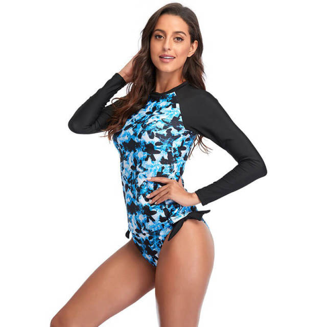 OOVOV Womens Rash Guard Sun Protection Swimsuit Long Sleeve Printing Tankini top with Tie Up Side Bottom Surfing Two Piece Bathing Suit