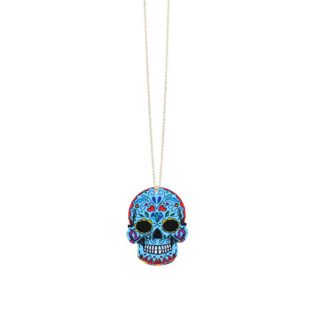 OOVOV Halloween Necklace Acrylic Print Skull Dangle Necklace Floral Skull Necklace Fashion Jewelry For Women Men