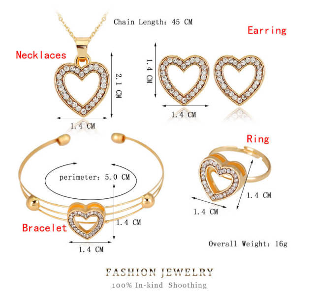 OOVOV 4Pcs Jewelry Set For Women Inlaid Zircon Heart Necklace Earrings Ring Bracelet Fashion Sets