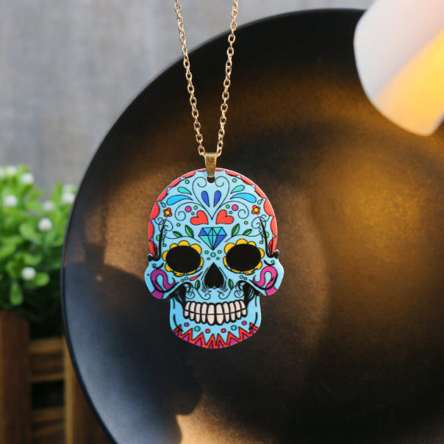 OOVOV Halloween Necklace Acrylic Print Skull Dangle Necklace Floral Skull Necklace Fashion Jewelry For Women Men