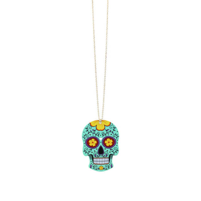 OOVOV Halloween Necklace Acrylic Print Skull Dangle Necklace Floral Skull Necklace Fashion Jewelry For Women Men