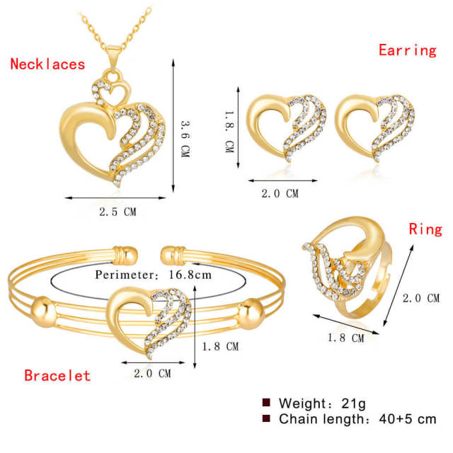 OOVOV 4Pcs Jewelry Set For Women Inlaid Zircon Heart Necklace Earrings Ring Bracelet Fashion Sets