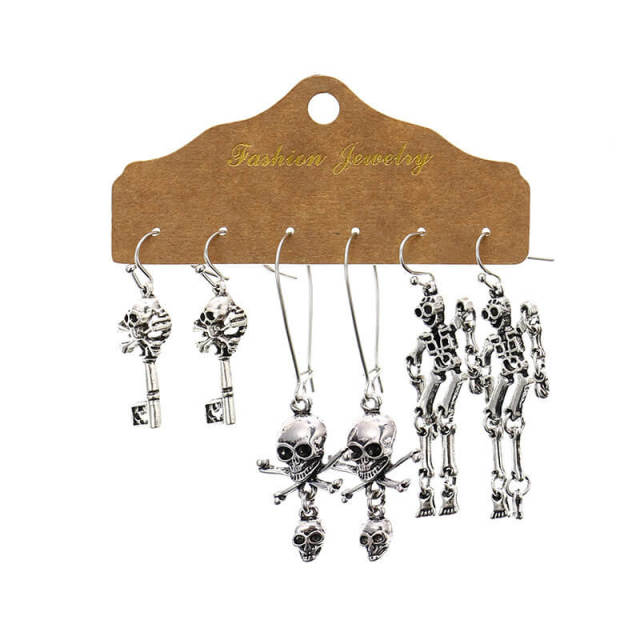 OOVOV 3 Pairs Halloween Earrings Dangle Long Earrings Skull Earrings Halloween Hip hop Street Costume Accessories For Womens