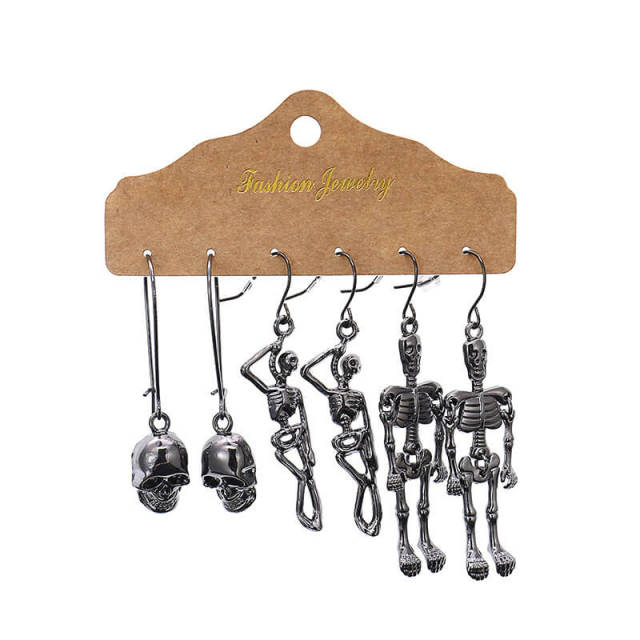 OOVOV 3 Pairs Halloween Earrings Dangle Long Earrings Skull Earrings Halloween Hip hop Street Costume Accessories For Womens