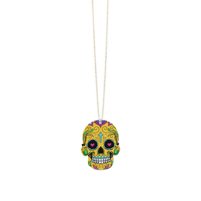 OOVOV Halloween Necklace Acrylic Print Skull Dangle Necklace Floral Skull Necklace Fashion Jewelry For Women Men