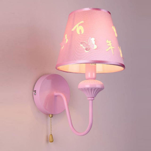 OOVOV 1-Light Pink Wall Lights Cartoon Kids Wall Lamp With Fabric Lampshade for Bedroom Baby Room Boy Girl Room with Pull Switch