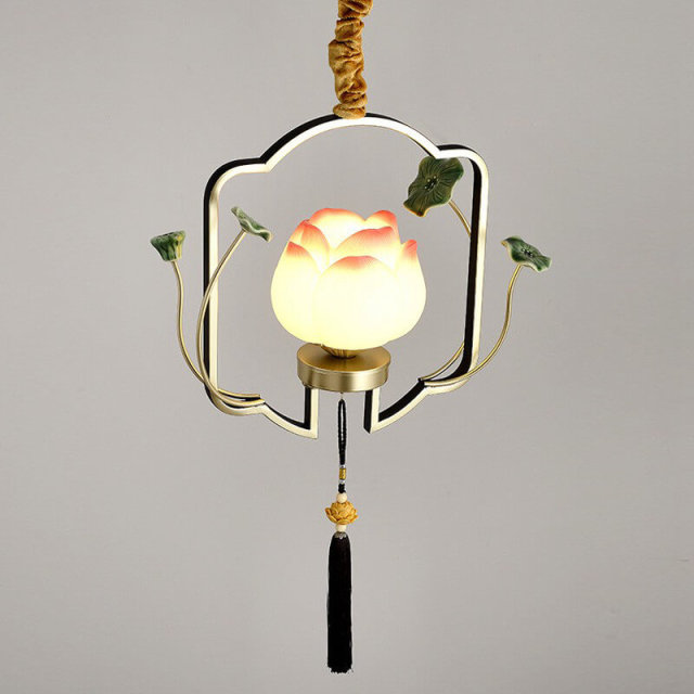 OOVOV 1-Light Pendant Light Chinese Style Lotus Flower Hanging Ceiling Lamp Retro Lighting Fixture and Decoration for Living Room Bedroom Dining Room