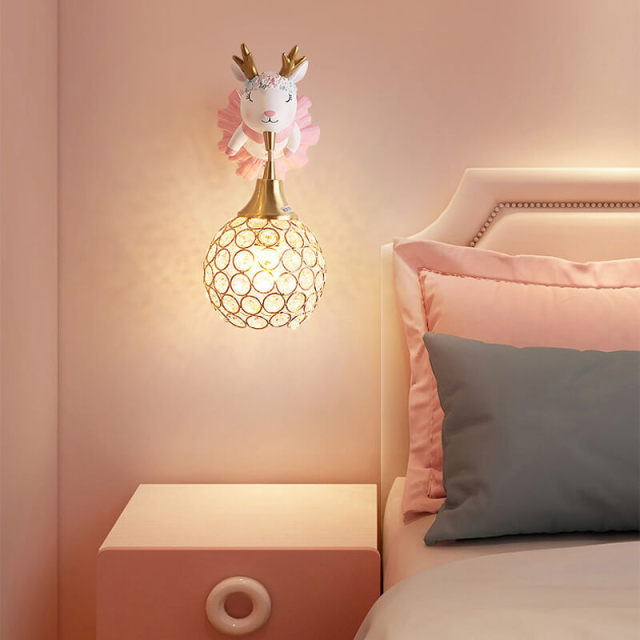 OOVOV Kids Room Wall Light - Cartoon Deer Wall Sconce With Gold Crystal Lampshade for Children Bedroom Bedsides Living Room Corridor