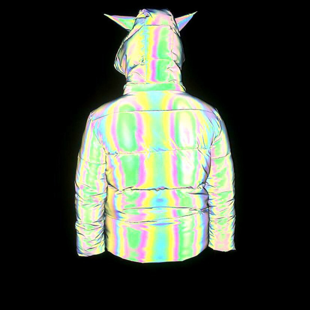 OOVOV Women Reflective Rainbow Jacket Winter Safety Warm Colorful Coat Detachable Unicorn Hood Zipper Pocket Rock Style Streetwear