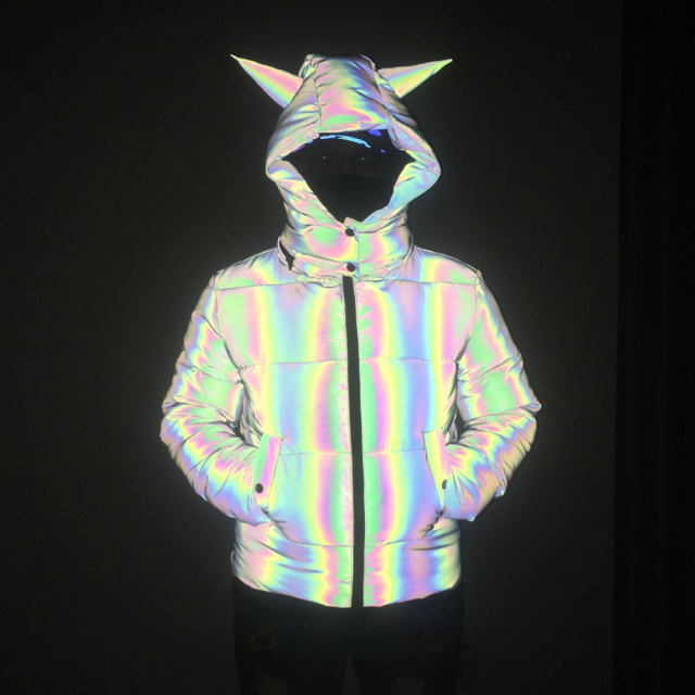 OOVOV Women Reflective Rainbow Jacket Winter Safety Warm Colorful Coat Detachable Unicorn Hood Zipper Pocket Rock Style Streetwear