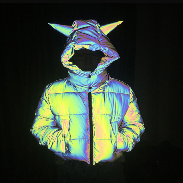 OOVOV Women's Cute Pointed Hooded Rainbow Colorful Reflective Cotton Jacket Parka Winter Warm Thick Hip-hop Luminous Cotton Jacket