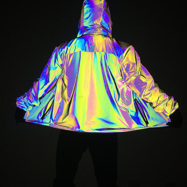 OOVOV Rainbow Color Men Reflective Light Jackets Autumn Colourful Hooded Coat Windbreaker Pockets Zip Hip Hop Rock Outwear