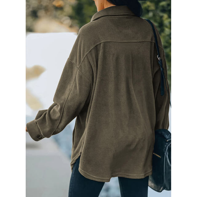 OOVOV Women Outdoor Button Down Thermal Fleece Loose Casual Jacket Top with Pockets Female Winter Long Sleeve Middle-Long Outwear Coats