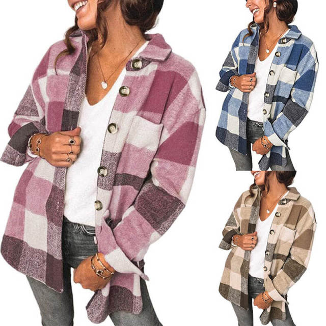 OOVOV Womens Long Sleeve Plaid Shirts Flannel Lapel Button Down Shacket Jacket Coats