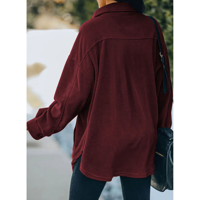 OOVOV Women Outdoor Button Down Thermal Fleece Loose Casual Jacket Top with Pockets Female Winter Long Sleeve Middle-Long Outwear Coats