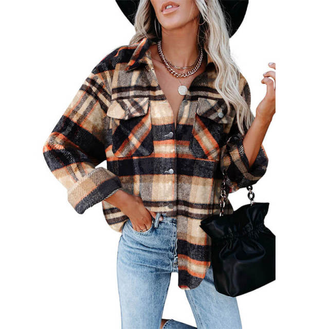 OOVOV Fashion Wool Blend Flannel Plaid Shirt For Women Long Sleeve Button Down Checked Coats