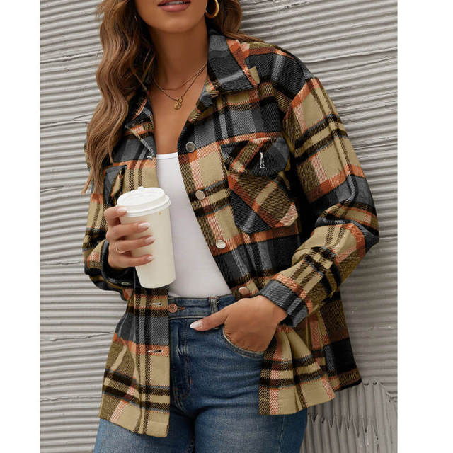 OOVOV Fashion Wool Blend Flannel Plaid Shirt For Women Long Sleeve Button Down Checked Coats