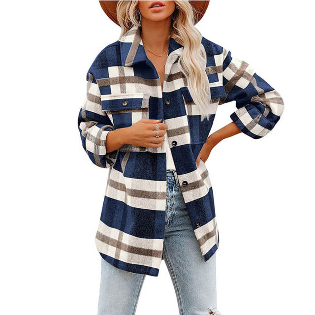 OOVOV Long Sleeve Loose Plaid Shirt Tweed Coat Female Cashmere Coat Fall Clothes For Women Winter Coats