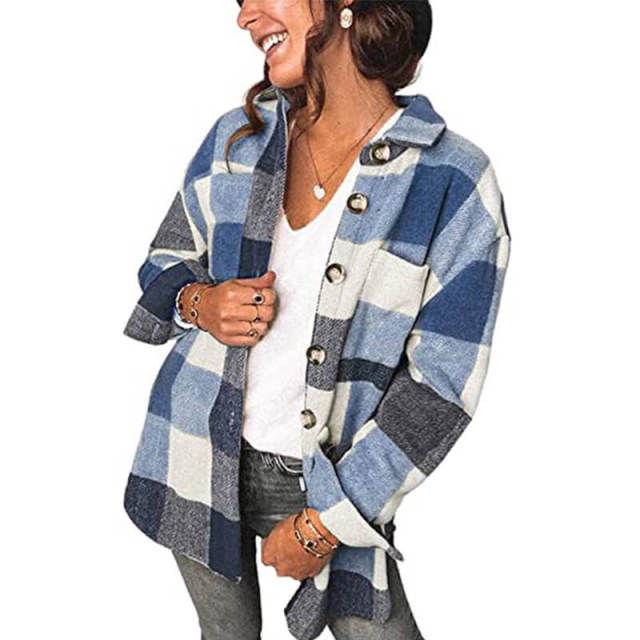 OOVOV Womens Long Sleeve Plaid Shirts Flannel Lapel Button Down Shacket Jacket Coats