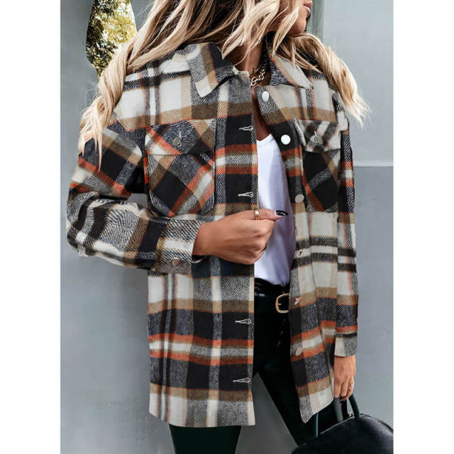 OOVOV Fashion Wool Blend Flannel Plaid Shirt For Women Long Sleeve Button Down Checked Coats