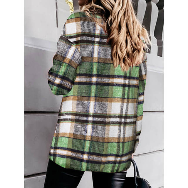 OOVOV Fashion Wool Blend Flannel Plaid Shirt For Women Long Sleeve Button Down Checked Coats