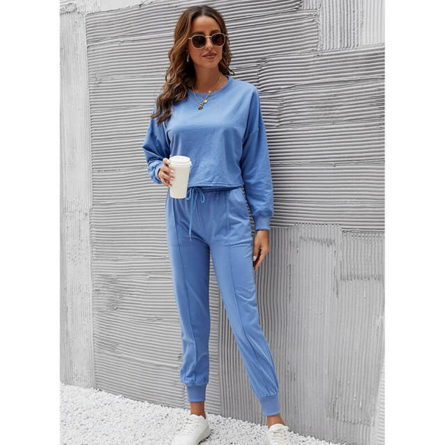OOVOV Womens Tracksuit Set Autumn Fashion Casual Solid Color O-Neck Long Sleeve Top Female Drawstring Harem Pants Two Piece Suit