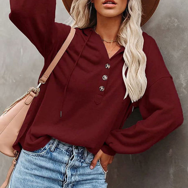 OOVOV Women Solid Color Loose Hooded Sweatshirt Autumn Pullover Coats Long Sleeve Button Casual Large Size Sweatshirt Clothing