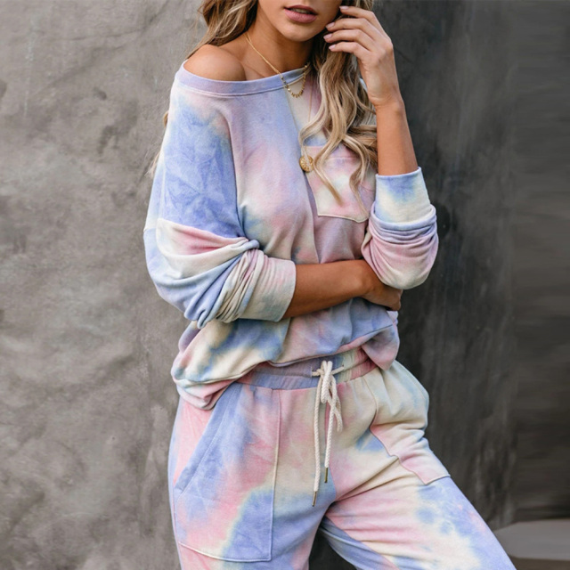 OOVOV Tracksuit Women Loose Pajamas Gradient Tie Dye 2 Piece Sets Long Sleeve Home Pant Suit Lounge Wear Plus Size Sweatsuit