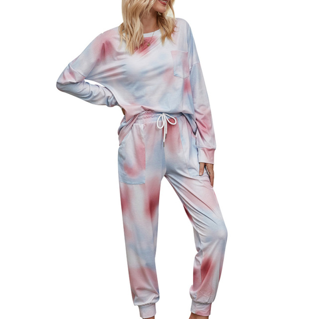 OOVOV Tracksuit Women Loose Pajamas Gradient Tie Dye 2 Piece Sets Long Sleeve Home Pant Suit Lounge Wear Plus Size Sweatsuit