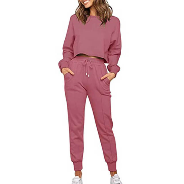OOVOV Womens Tracksuit Set Autumn Fashion Casual Solid Color O-Neck Long Sleeve Top Female Drawstring Harem Pants Two Piece Suit