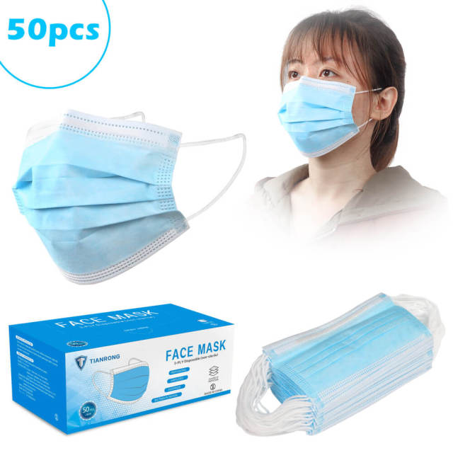 Pack of 50 Disposable Face Mask 3-Ply Breathable &amp; Comfortable Safety Mask Protective Masks for Indoor and Outdoor