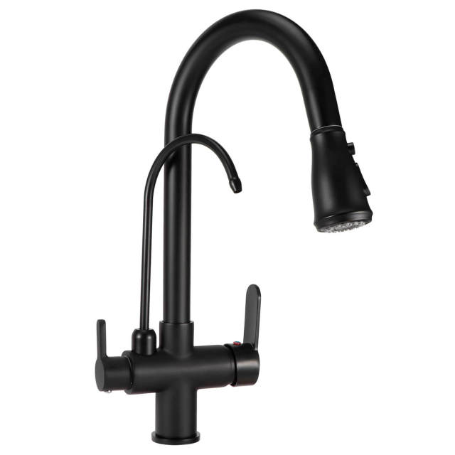 OOVOV Kitchen Sink Faucet with Pull Down Sprayer 2 Handle 3 in 1 Water Filter Purifier Faucets Brushed