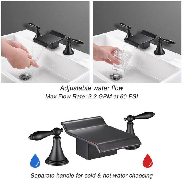 OOVOV Modern Waterfall Bathroom Basin Faucet 3 Holes 2 Handles Matte Black Sink Faucet Solid Brass Vanity Mixer Taps