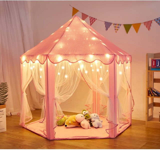 OOVOV Portable Folding Princess Castle Tent Children Funny Play Outdoor Indoor Fairy House Kids Play Tent With Warm LED Star Lights