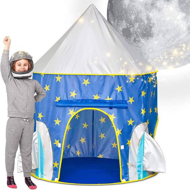 OOVOV Rocket Ship Tent - Space Themed Pretend Play Tent - Space Play House - Spaceship Tent For Kids - Foldable Pop Up Star Play Tent Blue