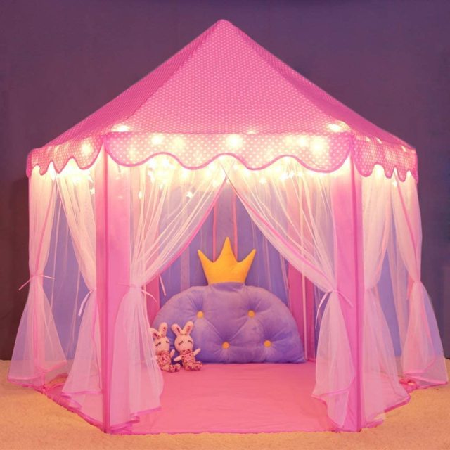 OOVOV Portable Folding Princess Castle Tent Children Funny Play Outdoor Indoor Fairy House Kids Play Tent With Warm LED Star Lights