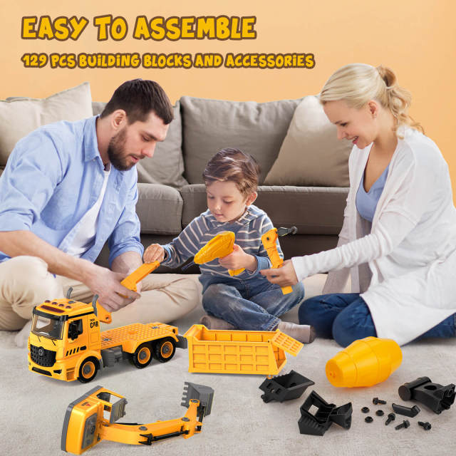 OOVOV Construction Truck Toys for Over 4 Years Old Kids 4-in-1 Take Apart Toys with Electric Drill 1 Truck and 4 Backs to Swap Out to be Dump  Mixer Excavator & Crane