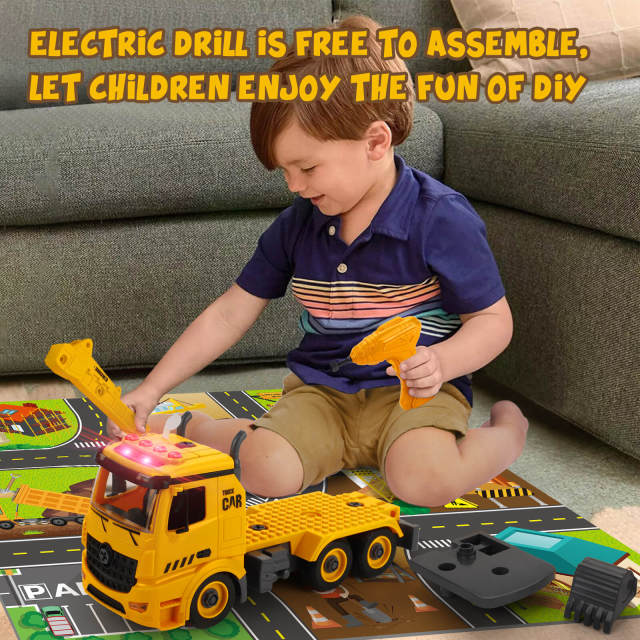 OOVOV Construction Truck Toys for Over 4 Years Old Kids 4-in-1 Take Apart Toys with Electric Drill 1 Truck and 4 Backs to Swap Out to be Dump  Mixer Excavator & Crane