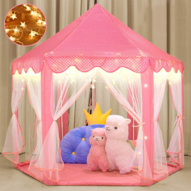 OOVOV Portable Folding Princess Castle Tent Children Funny Play Outdoor Indoor Fairy House Kids Play Tent With Warm LED Star Lights