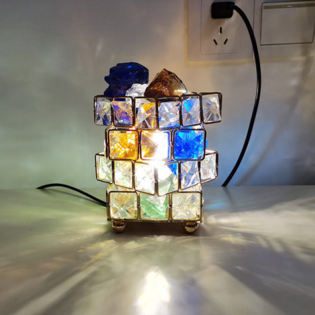 OOVOV Crystal Salt Lamp Rubik Cube Shape Aroma Himalayan Rose Salt Night Light