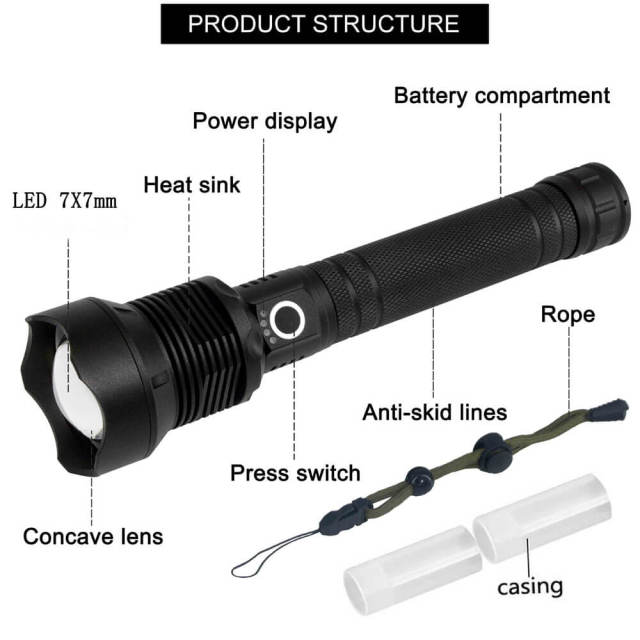 Rechargeable Flashlight 30W LED Telescopic Zoom Flashlight IPX4 Waterproof 4200mAh