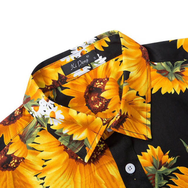 Men's Shirts Sunflower Printed Short Sleeve Blouse Top